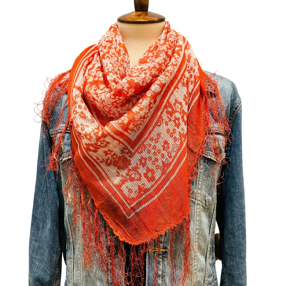 New Chaudry KC Boho Scarf Vibrant Red Orange Floral Print with Tassel Fringe